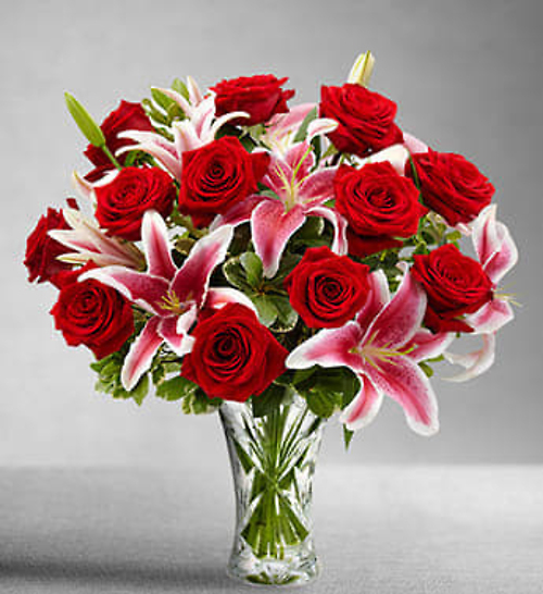 RED ROSES WITH LILIES