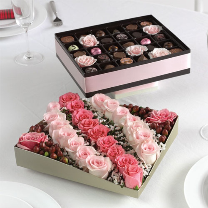 Chocolates Box and 2 Dz Rose Centerpiece