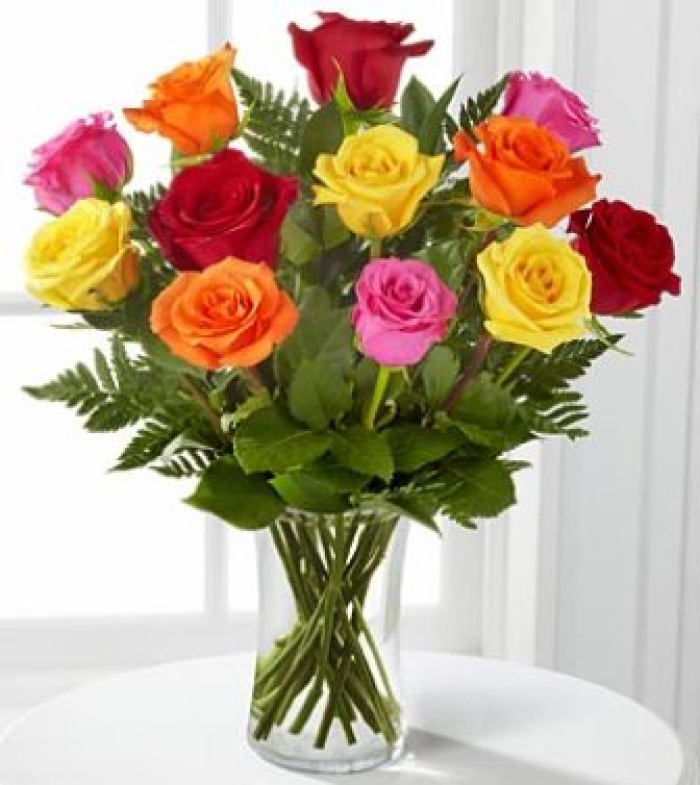 Mixed Color Roses, A Beautiful Dozen Vase